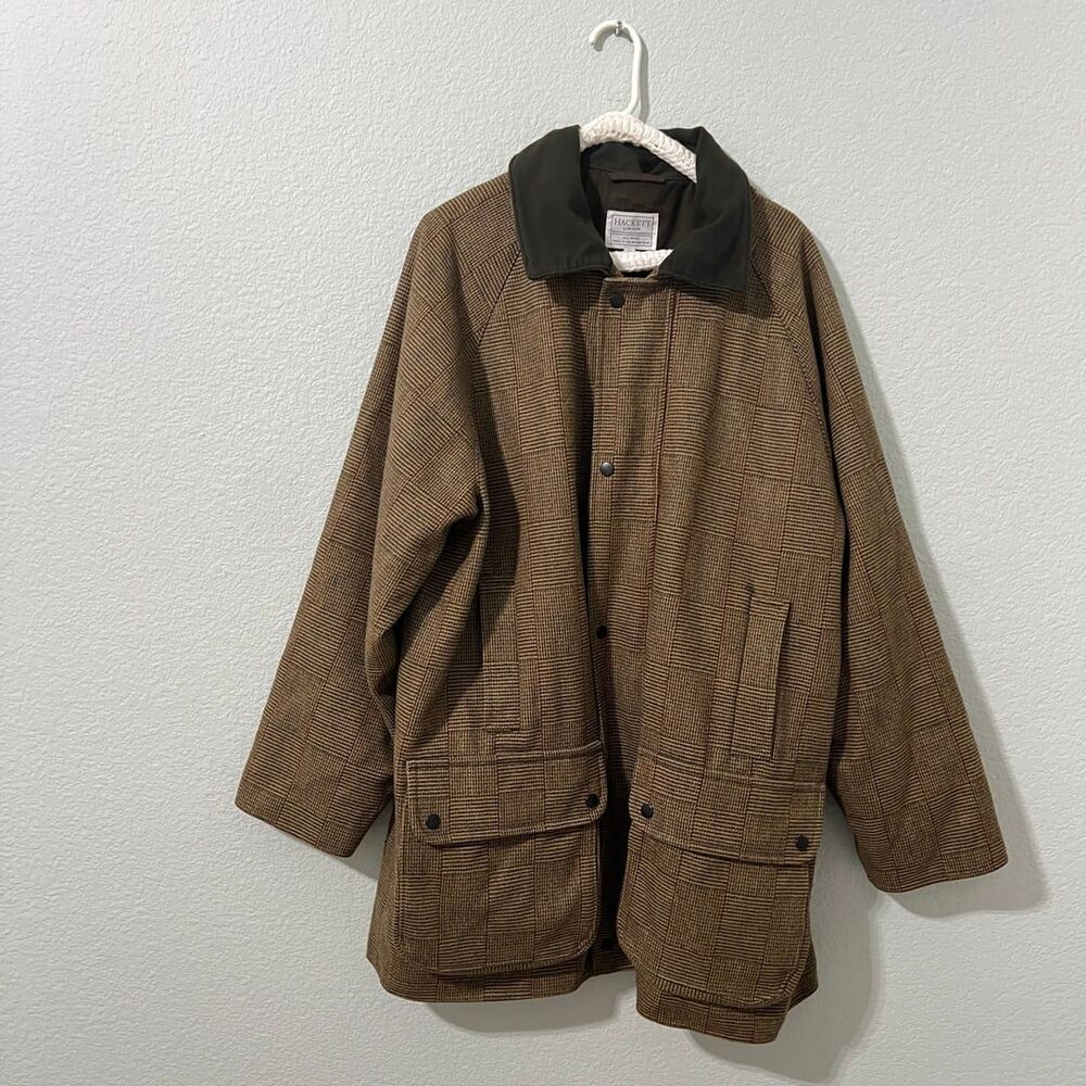 Hackett London Derby Tweed Men's Brown Green Plaid Wool Coat Size 44 / US XL